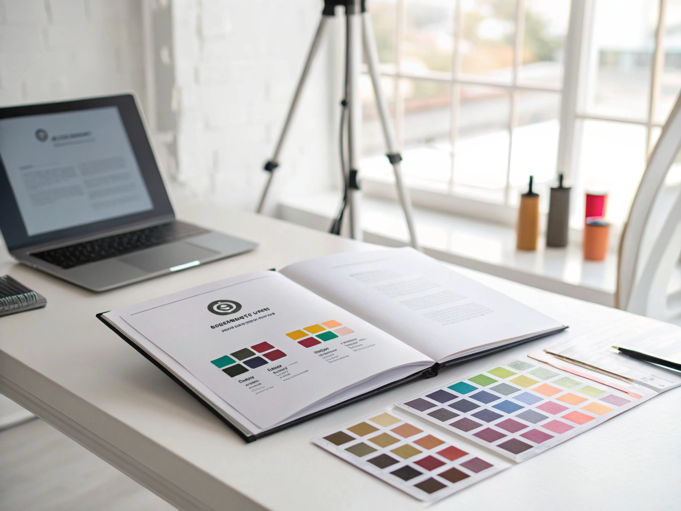 Minimalist brand identity assets on a dark textured background