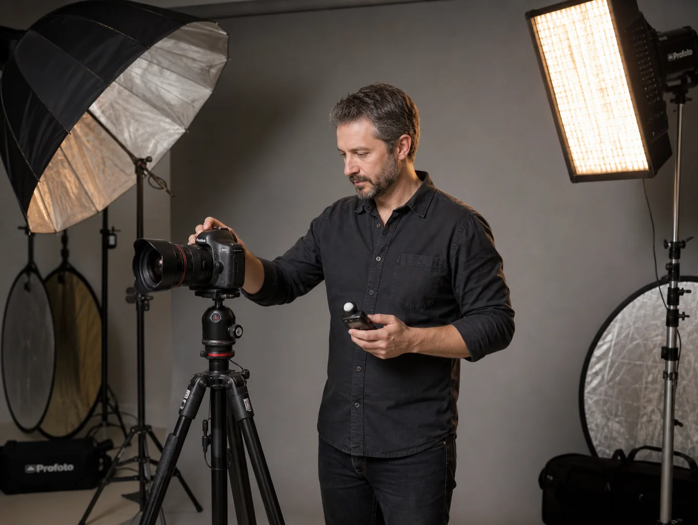 Professional content production setup in a moody studio space