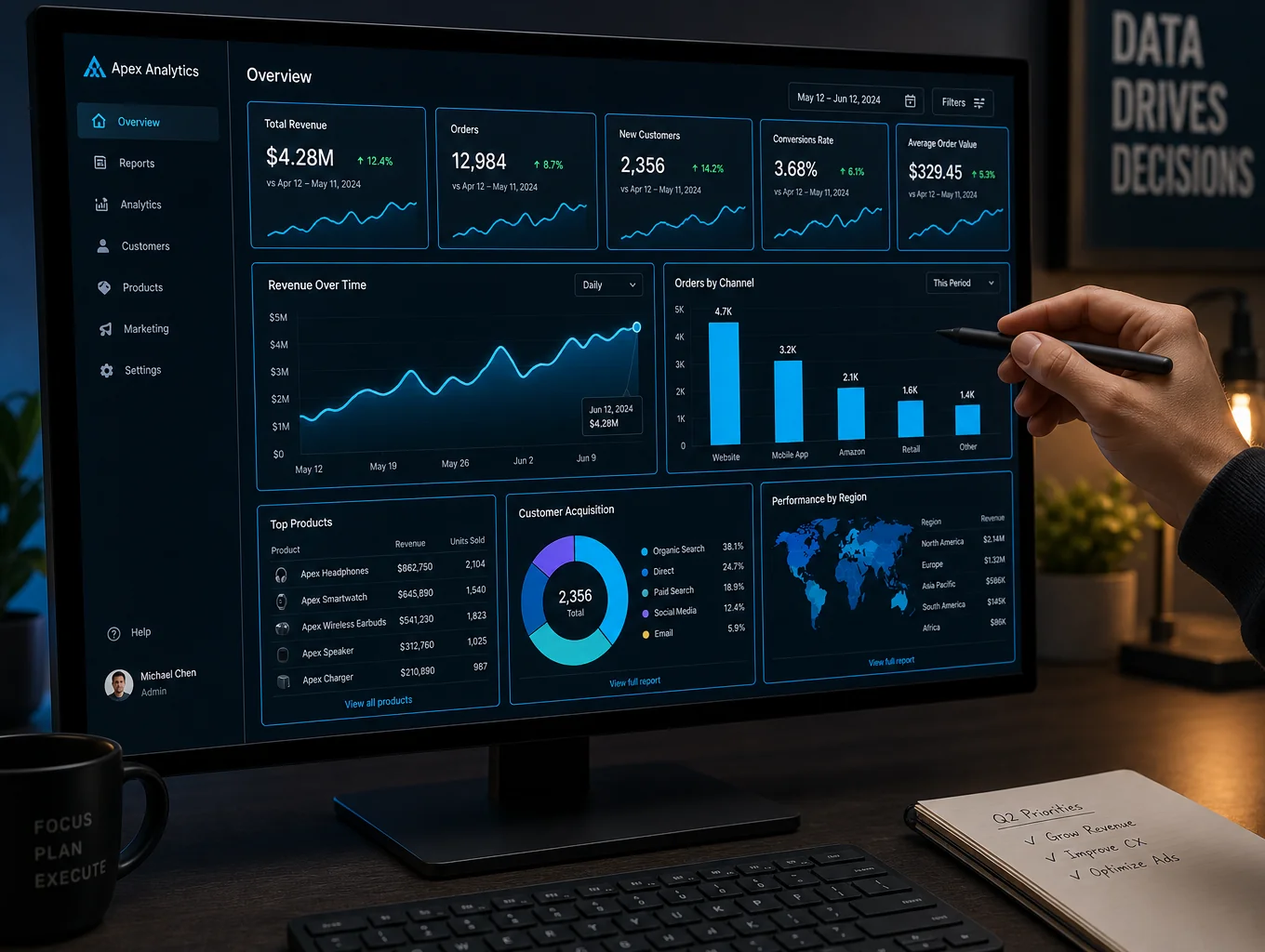 Engagement analytics interface with dark mode data visualization