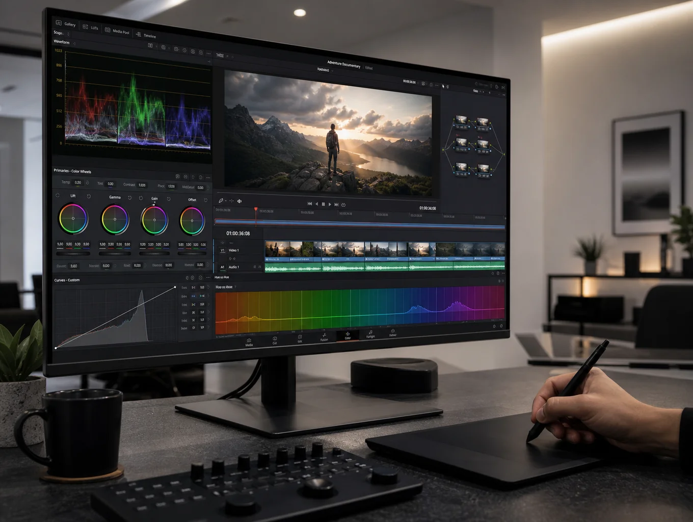 Cinematic video editing suite showing high-contrast color grading