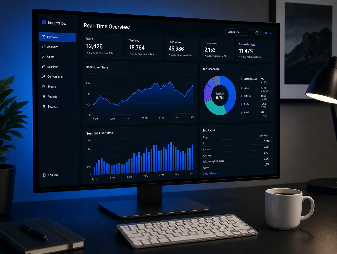 Social media growth strategy dashboard with dark analytics charts