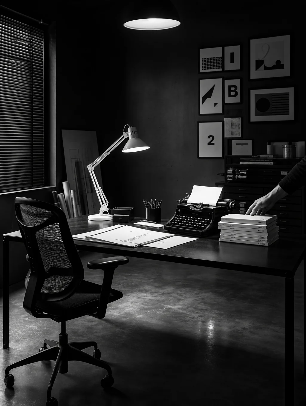 Minimalist graphic design studio workspace with moody lighting and red accents